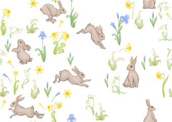 Seamless pattern, ackground with spring flowers and rabbits, hares. Colored vector illustration. Isolated on white background.