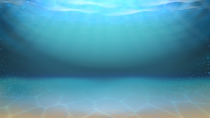 Underwater Sea Sandy Bottom And Bubbles Vector. Diving Underwater Seascape. Purity Undersea Water, Aquatic Waterscape Abyss With Sand And Sunshine Light Layout Realistic 3d Illustration