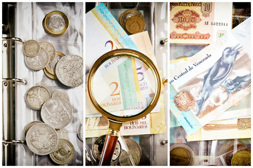 Coins and venezuelan notes with magnifying glass