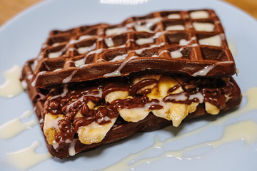 tasty Belgium waffle with organic sweets served for breakfast