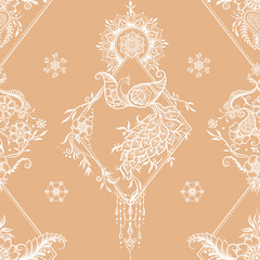 Eastern ethnic style compositions, mehendi, traditional indian henna floral ornament with peacock. Seamless pattern, background in beige and white colors. Vector illustration..
