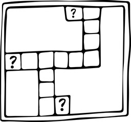 Vector illustration of an abstract crossword puzzle table with question marks and blank columns and rows. Black outline on a white background.
