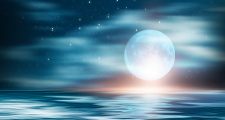Naklejka na ściany i meble Background of night sea landscape. Night sky, clouds, full moon. Reflection of the moon on the water. Sunset on the sea horizon. Blue tinted. Night futuristic and mystical landscape.