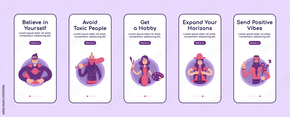 Aufkleber psychological advices onboarding mobile app screen flat vector template. personal development. walkt