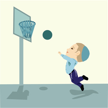 A Jewish boy observes Torah and commandments. Orthodox religious. With a dome and a tassel. Playing a basket ball and trying to score the ball to the high basket.
Pastel flat vector drawing.