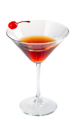 manhattan cocktail in martini glass on white background