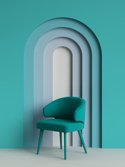 Green chair in moderne style .Wall with arc in different blue colors