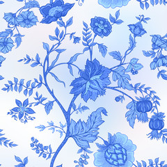 Seamless pattern with stylized ornamental flowers in retro, vintage style. Jacobin embroidery. Vector illustration In blue colors