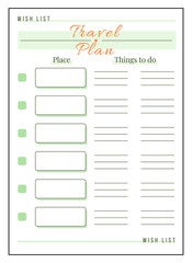 Travel plan minimalist planner page design. Schedule trip. Write place to visit. Choose destination for journey. Wish list bullet journal printable sheet. Personal organizer. Notebook vector template