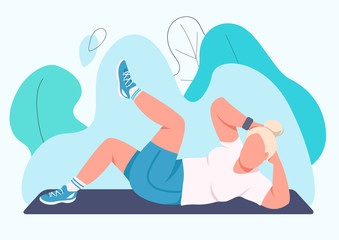 Woman training abs flat color vector faceless character. Female fitness instructor doing crunches isolated cartoon illustration for web graphic design and animation. Domestic abdominal press exercise