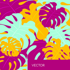 Monstera leaf repeat motiff flat color vector background. Philodendron vibrant leaves. Floral pattern. Tropical summer vacation social media post mock up. Exotic resort web banner template