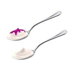 Yogurt Dairy Cream Dessert On Spoon Set Vector. Organic Yogurt Nutrition Classic And With Jam On Kitchenware Utensil. Bacterial Fermentation Of Milk Product Layout Realistic 3d Illustrations