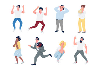 Fototapeta na wymiar People in panic flat color vector detailed characters set. Men and women with panic attack isolated cartoon illustrations on white background. Mass hysteria, stressful situation. Social anxiety, fear