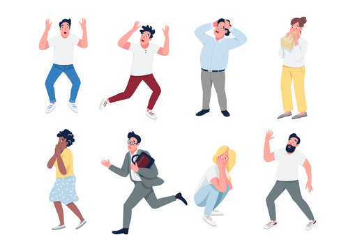 People in panic flat color vector detailed characters set. Men and women with panic attack isolated cartoon illustrations on white background. Mass hysteria, stressful situation. Social anxiety, fear
