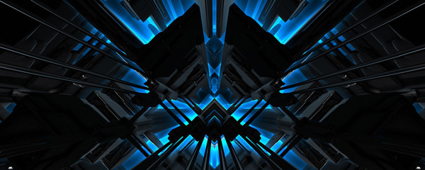 3d dark spaceship construction with blue ray background - obrazy, fototapety, plakaty