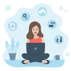 Cute freelance woman working with laptop at home office, connecting online network, surrounding with business icons. Remote working, self employed and business concept. Flat vector illustration.