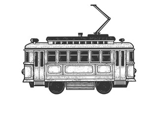 vintage tram sketch engraving vector illustration. T-shirt apparel print design. Scratch board imitation. Black and white hand drawn image. - obrazy, fototapety, plakaty
