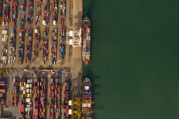Container ship in export and import business and logistics. Shipping cargo to harbor by crane....