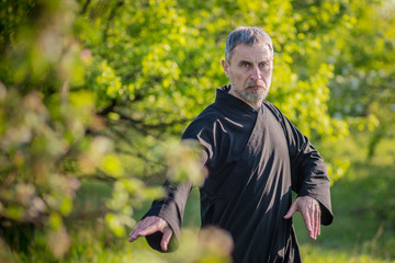Senior master practicing qi qong taijiquan in the wild park. Breathing exercise and martial art...