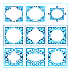 Set of Vector Design of a Blue Ancient Ornament Frame with a Natural Theme