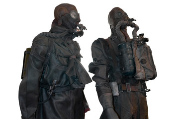 Green-brown vintage chemical defense overalls of the 2nd world war with gas mask and respiratory system