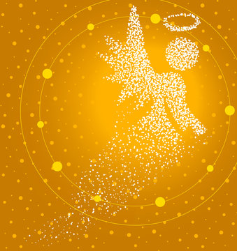 Holy angel formed by a magical trail of flying points on golden background