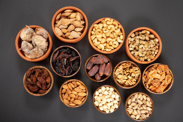 Dried fruits and mixed nuts. Healthy foods.