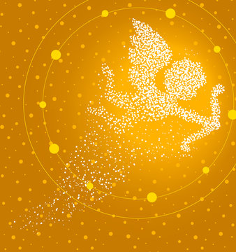 Cupid formed by a magical trail of flying points on golden background