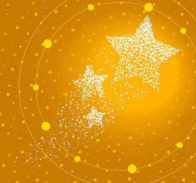 Group of stars formed by a magical trail of flying points on golden background