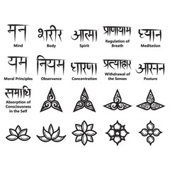 Yoga icons and sanskrit texts - obrazy, fototapety, plakaty