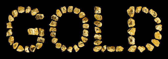 Word GOLD made of golden stones on black background isolated close up, letters made of shiny gold nuggets, yellow metal rocks inscription, luxury concept, jewelry production design, gold industry logo