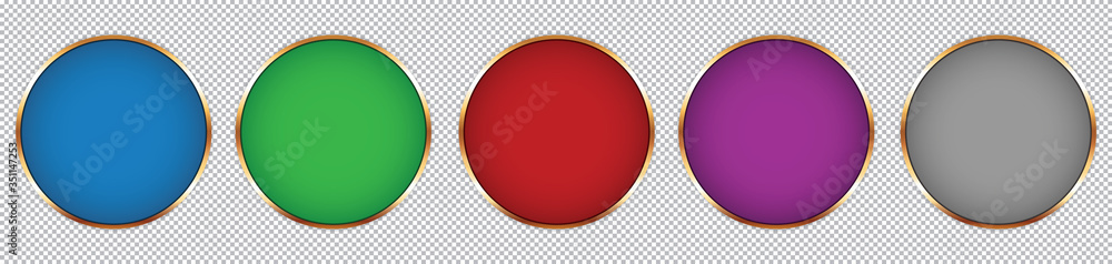 Wall mural set of round buttons with gold frame on transparent background
