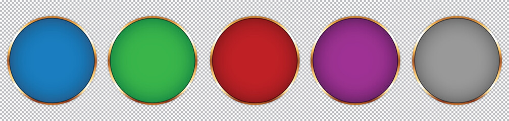 set of round buttons with gold frame on transparent background	
