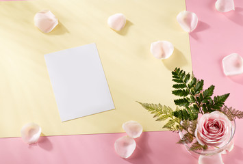 Naklejka na ściany i meble Letterhead mock-up with pastel concept. Blank objects for placing your design on light pink background, with rose leaf, leaves, yellow paper elements. nobody. Top view, flatlay