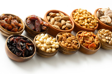 Dried fruits and mixed nuts. Healthy foods.