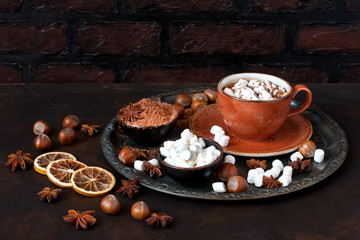 Mug  filled with hot chocolate and marshmallows