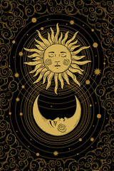 Divine golden crescent moon pattern with face, sun and clouds on a black background. Boho design elements for tarot, astrology, tattoo, cover. Vector illustration