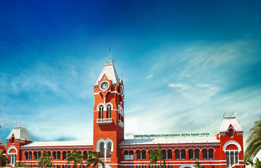 Puratchi Thalaivar Dr. MGR Central railway station,CHENNAI CENTRAL RAILWAY STATION, INDIA, TAMILNADU beautiful view day light blue say - obrazy, fototapety, plakaty