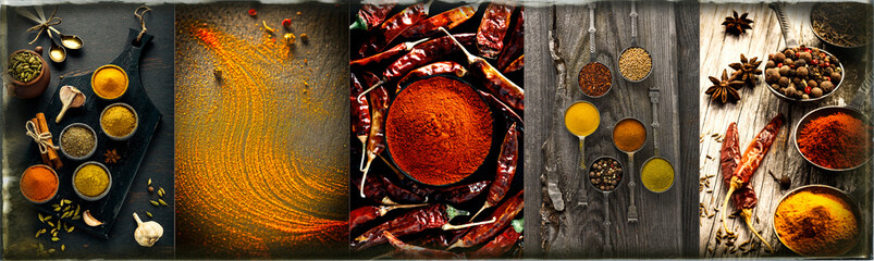 Spice and herbs background, collage of condiments © alefat