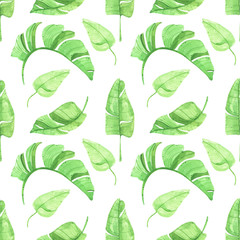 Fototapeta premium Watercolor seamless pattern of tropical leaves, greenery, exotic background