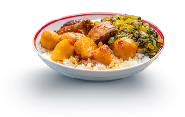 Recipe called carry smoked chicken with potatoes with a fricassee of choi Sum and rice. Reunion dish