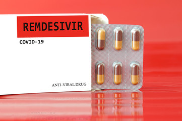 Example for medicine packaging, Remdesivir Anti-Viral Drug. capsule pills in blister pack for...