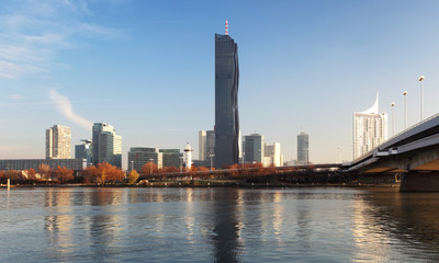 View modern city with Danube river in Vienna, Austria