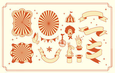 circus elements graphic design assets collection. vintage clip art illustrations, borders, frames and icons. use for circus , magic show promotional posters, tickets and design projects, simple art © grpxstore