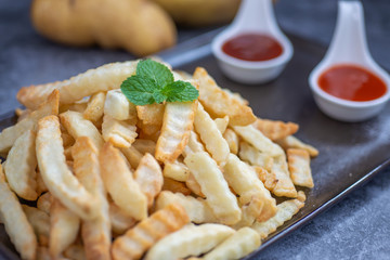 Homemade mashed potato and bread, French fries and gravy, home cooking.