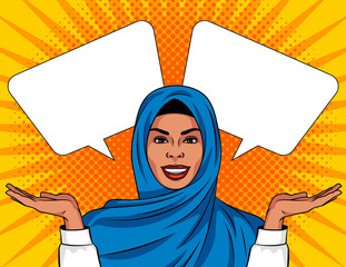 Colored vector illustration in pop art style. Beautiful muslim woman in traditional shawl on her head. A woman makes a choice.