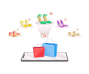 Online Shop App on Smartphone Screen with Shopping Bags and Shoes in Cart Vector Illustration