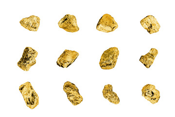 Golden stones set on white background isolated close up, gold nuggets collection, yellow metal...
