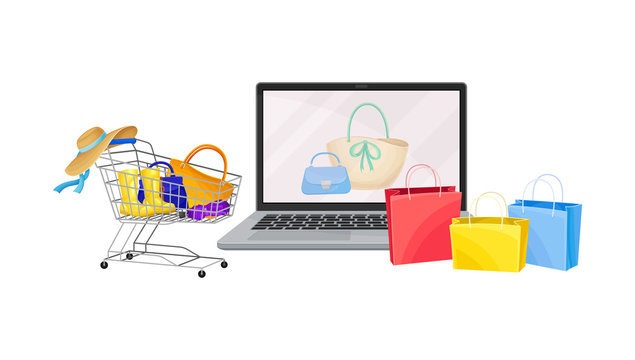 Online Shop Web Site on Laptop Screen with Clothing Items in Cart Vector Illustration