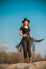 Fashionable outfit details, plus size girl with Large size in fringe belt and mix style